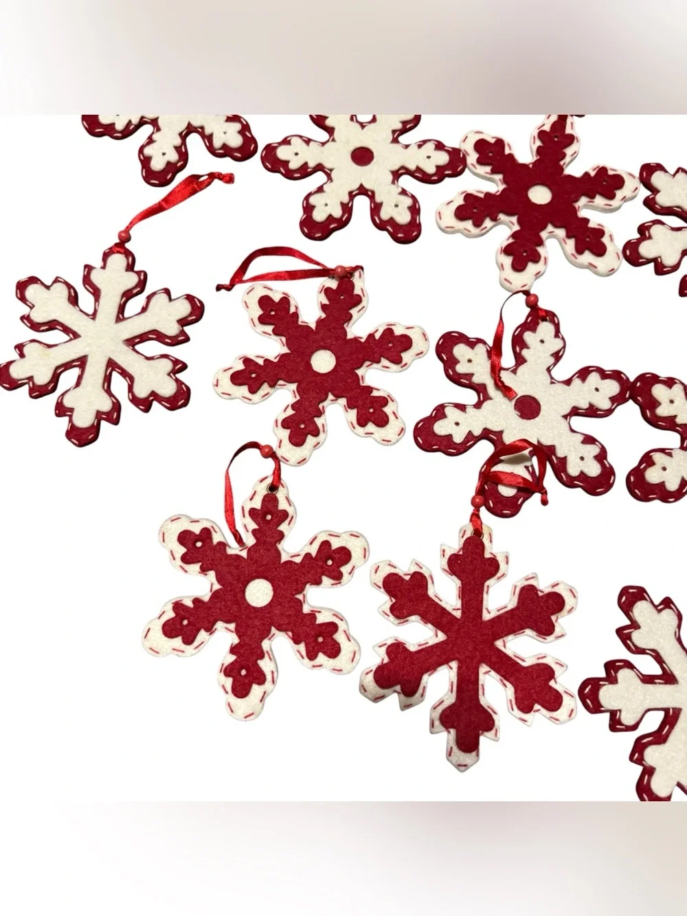 Lot Of 18 Snowflake Christmas Ornaments Felt Red White
